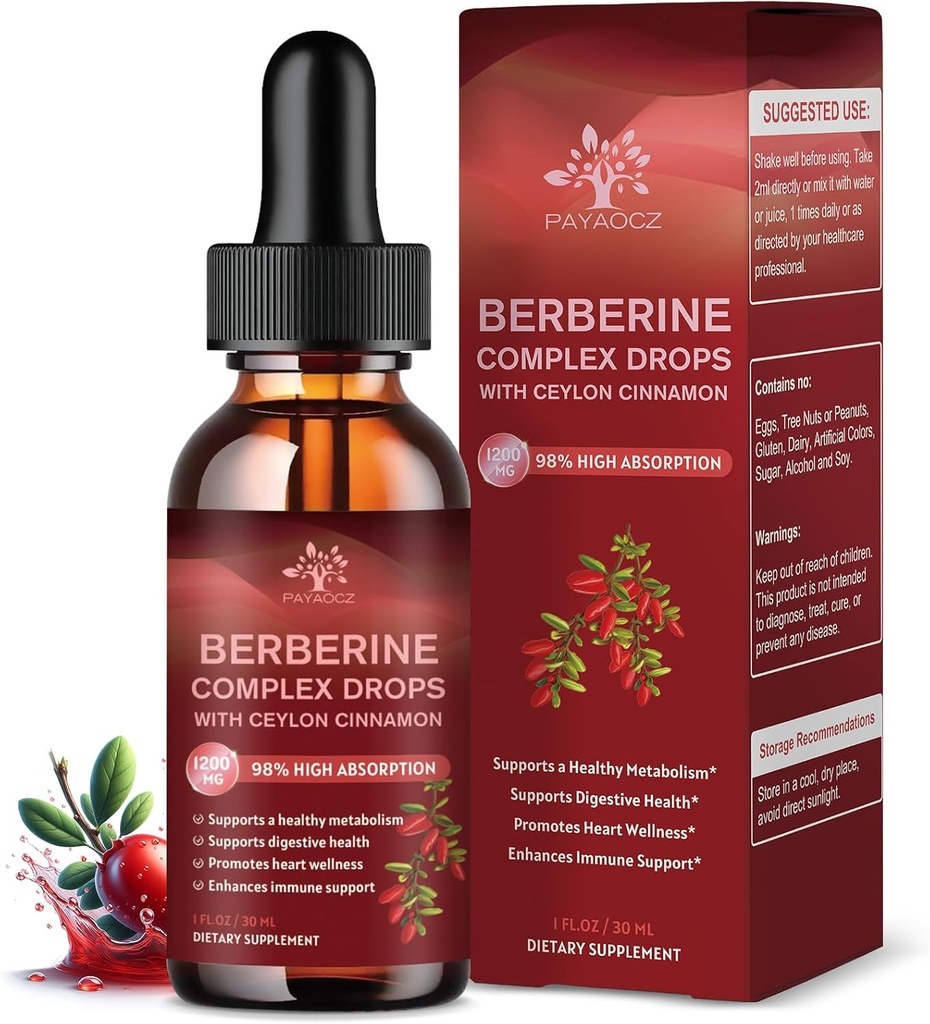 (2 Pack) Berberine HCL Liquid Drops Supplement - 1200mg Berberine Root with Organic Ceylon Cinnamon - Supports Immune System, Heart Health - 1 Fl Oz