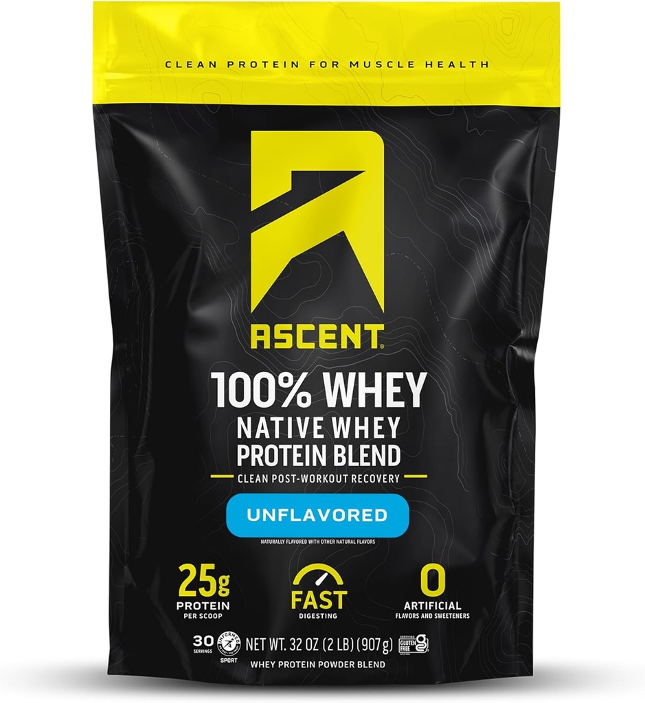 Ascent 100% Whey Protein Powder - Post Workout Whey Protein Isolate, Zero Artificial Flavors & Sweeteners, Gluten Free, 5.5g BCAA, 2.6g Leucine, Unflavored 2 lb