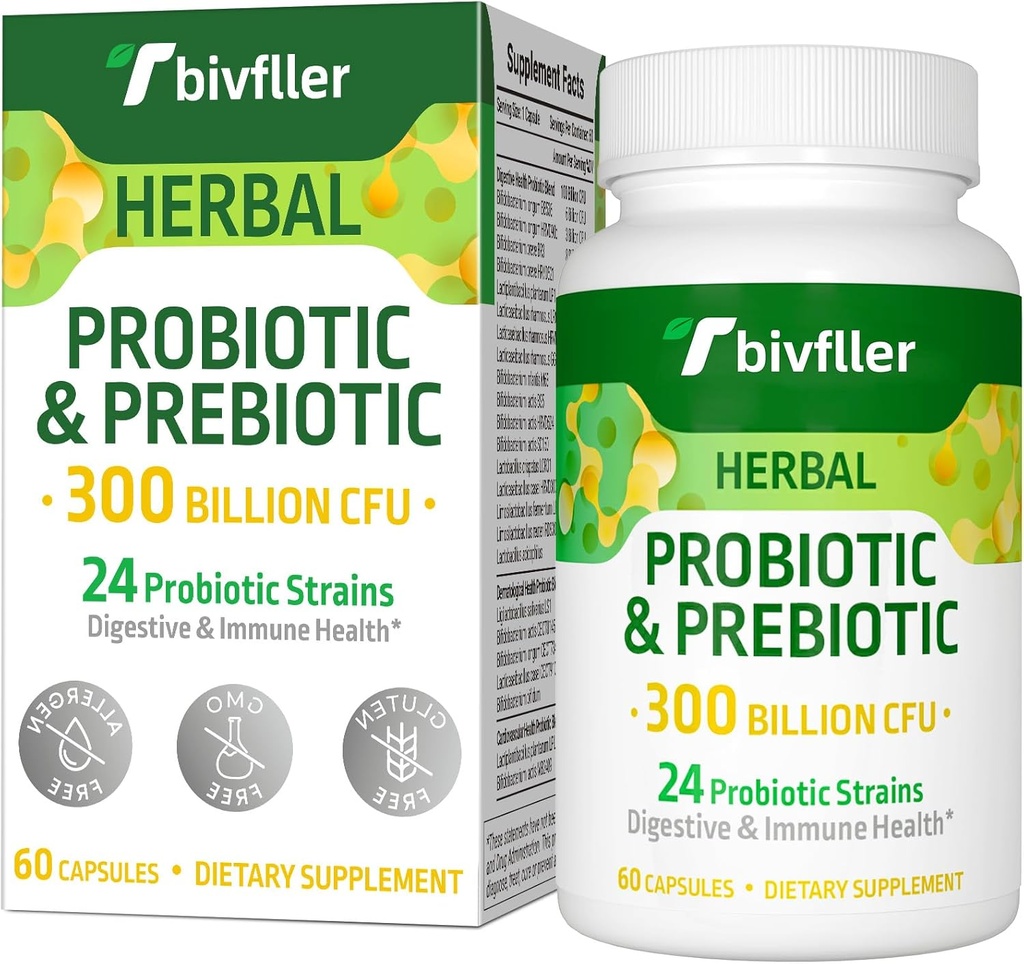 Probiotics for Women Men- 300 Billion CFU, 24 Strains Probiotic+15 Organic Herbs Prebiotics Blend, Pre and Probiotics, for Digestive Health, Immune & Gut, Diarrhea, Bloating, Vegan, 2 Month Supply