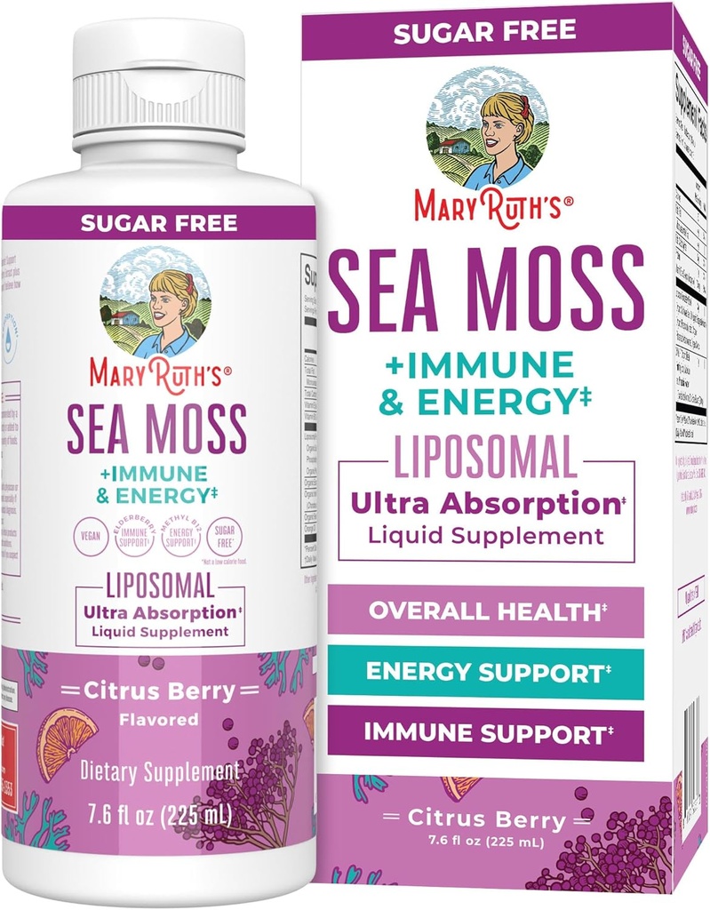 MaryRuth Organics Sea Moss + Immune & Energy Liposomal | Irish Sea Moss | Vitamin B12 | Vitamin E | Elderberry | Rose Hip Oil | Orange Oil | Immune Support Supplement | Vegan | Sugar Free | 7.6 oz