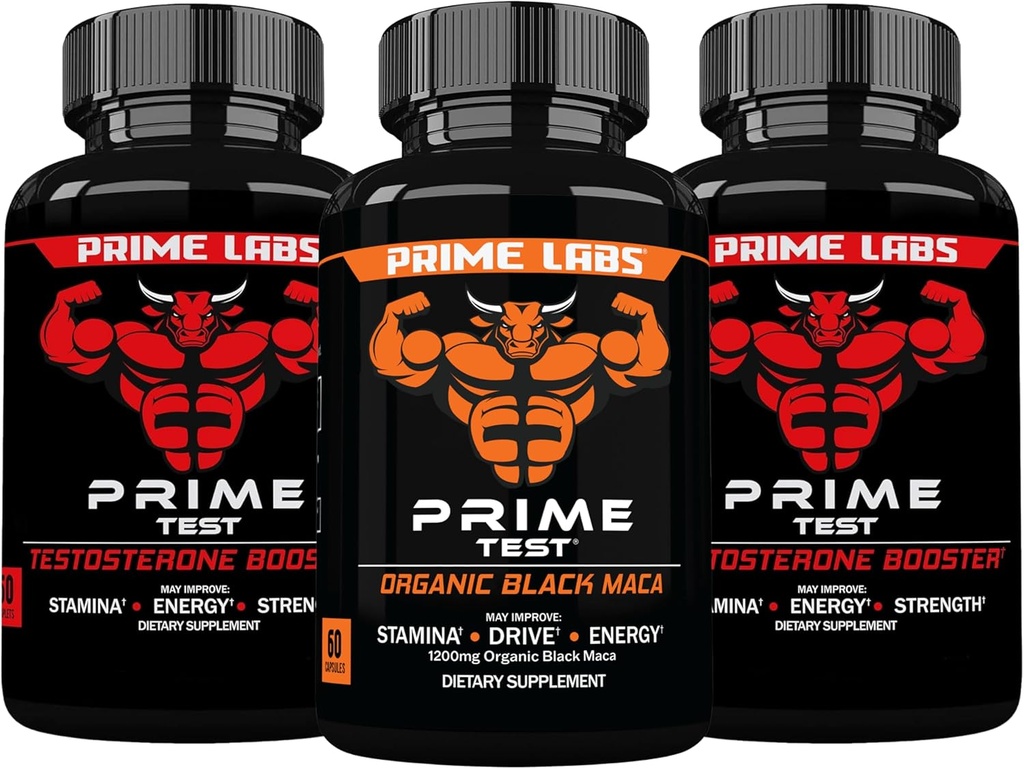 Prime Labs Prime Test Testosterone Booster (2 Pack) + Organic Black Maca Capsules (60 Count)