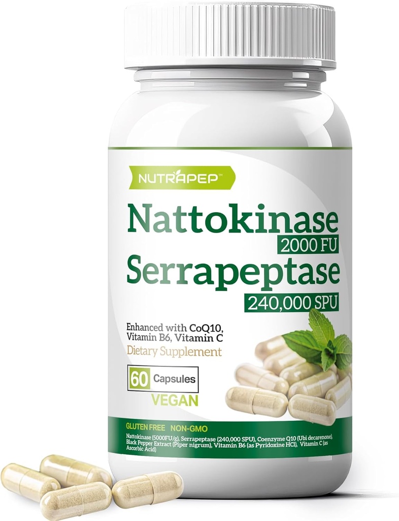 Nattokinase 2000 FU Serrapeptase 240000 SPU Supplement - Enhanced with Coenzyme CoQ10 Vitamin B6 Vitamin C Black Pepper Extract - Nattokinase 400mg Capsule for Men Women