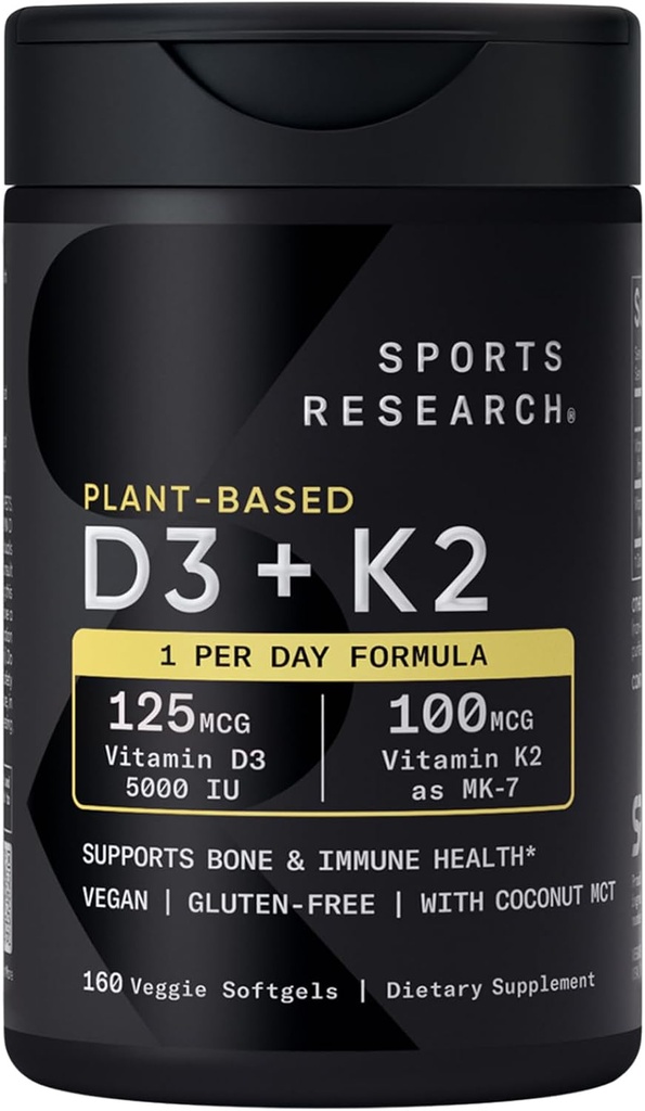 Sports Research Vitamin D3 K2 with 5000iu of Plant-Based D3 & 100mcg of Vitamin K2 as MK-7, Non-GMO Verified & Vegan Certified - 160 Liquid Softgels