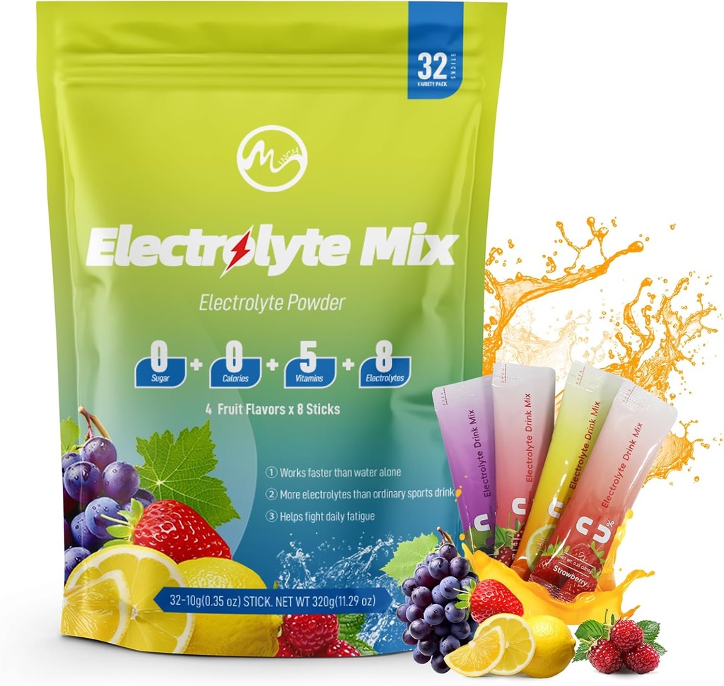 M inch Electrolytes Powder Packets, 32 Sticks Hydration Packets Sugar Free, 0 Calorie with 5 Vitamins & 8 Electrolytes, Fruit Flavoured Hydration Powder Keto Friendly