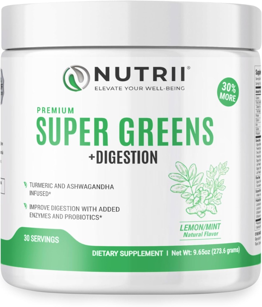 Organic Green Immunity Superfood Powder - Soothes Digestion, Boosts Healthy Vitality and Energy. Fast Acting Formula with Probiotics, Enzymes, Turmeric and Ashwagandha (30 Servings Lemon-Mint)