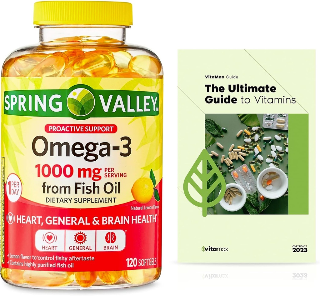 Spring Valley Omega-3 from Fish Oil 1000 mg, Maximum Care, 120 Count + Exclusive VitaMax Vitamin Guide (2 Items)