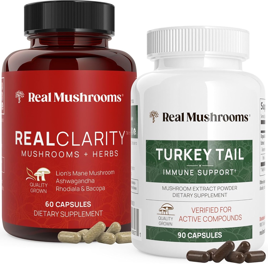 Real Mushrooms RealClarity (60ct) and Turkey Tail (90ct) Capsules Bundle - Mushroom Supplement for Mental Clarity, Focus & Immune Support - Vegan, Non-GMO, Verified Levels of Beta-Glucans