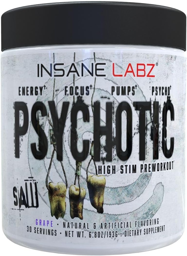 Insane Labz Psychotic Saw®, High Stim Pre Workout Powder with OxyGold­™ and AMPiberry®, Extreme Lasting Energy with Teacrine®, Focus with CognitIQ® and Endurance with Beta Alanine, 30 Srvgs, Grape