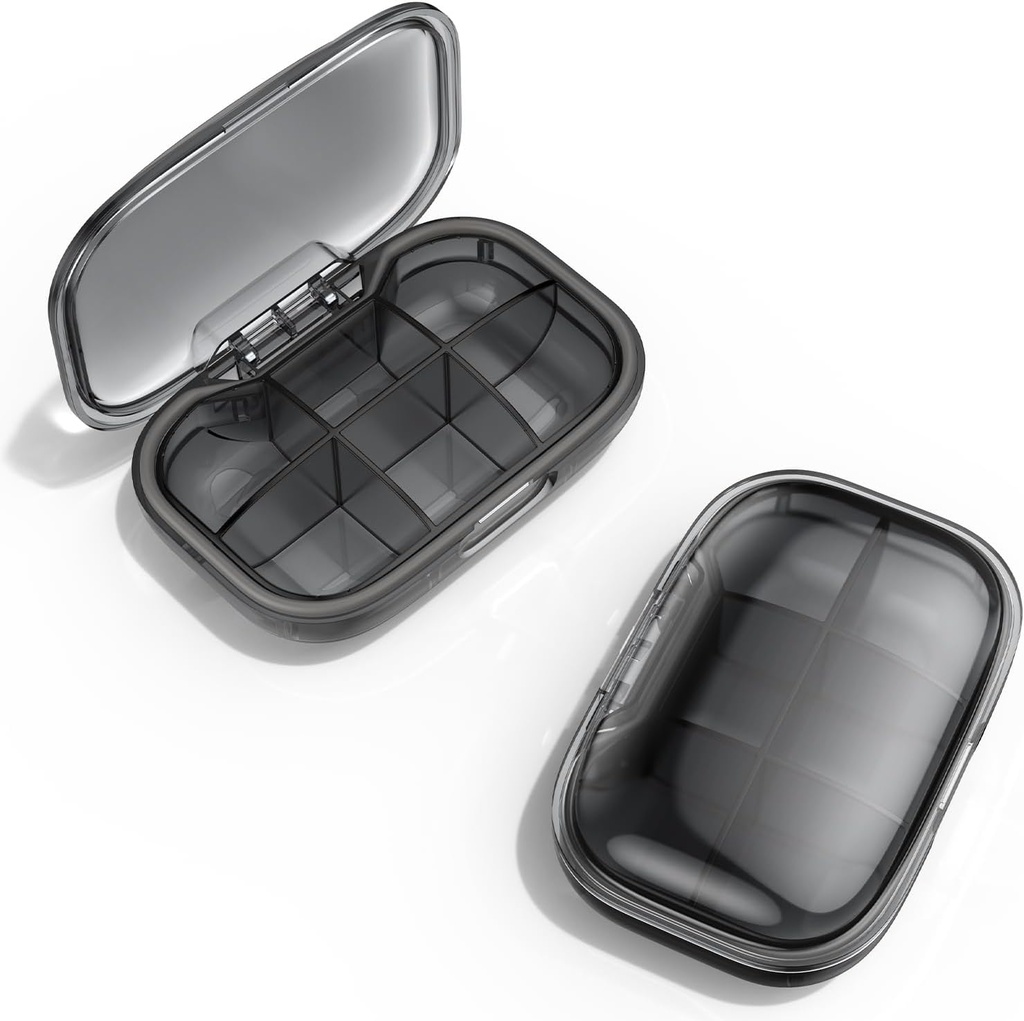 6 Compartment Travel Pill Organizer, Moisture Proof Case for Pocket Purse, Daily Portable Medicine Vitamin Container, Fish Oil and Supplement Box (Black)