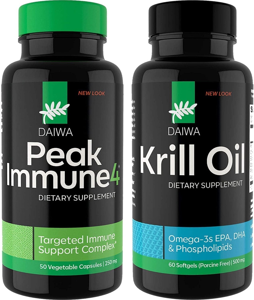 Daiwa Peak Immune 4 - Natural Immune System Booster + Daiwa Krill Oil – Omega 3 Krill Oil Capsules