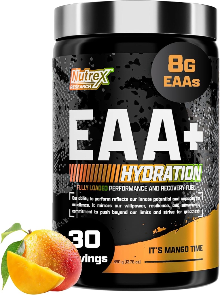 Nutrex Research EAA Hydration | EAAs + BCAA Powder | Muscle Recovery, Strength, Muscle Building, Endurance | 8G Essential Amino Acids + Electrolytes | 30 Servings It's Mango Time