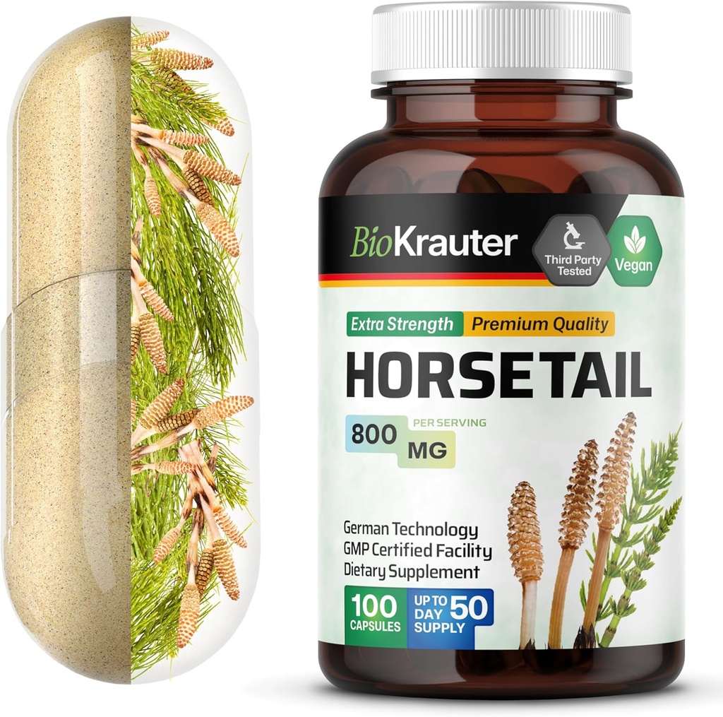 BIO KRAUTER® Horsetail Supplement for Hair, Skin & Nails - Vegan & Pure Horsetail Herb in Capsules 800 mg per Serving 100 Count - Silica Hair Supplement - No Fillers, Non-GMO - 50 Days of Supply