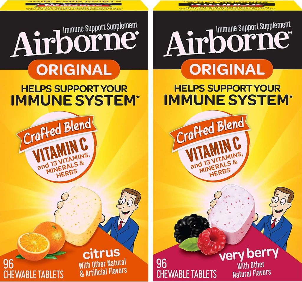 Airborne 1000mg Vitamin C Chewable Tablets Citrus & Very Berry Flavor Bundle - Immune Support Supplement with Zinc and Powerful Antioxidant Vitamins A C & E, (2x96ct bottles)*