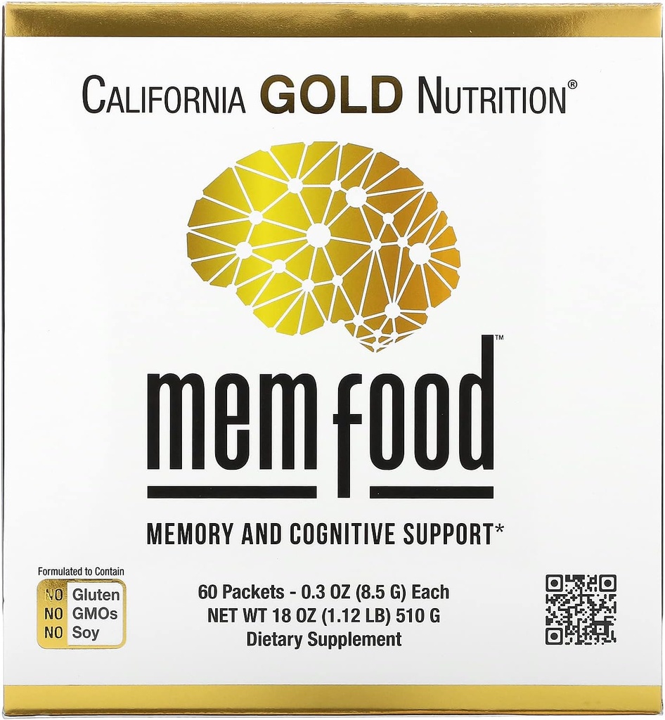 California Gold Nutrition MEM Food, Memory & Cognitive Support with MEM Blend, L-Serine, Organic Lion's Mane and Blueberry Juice Powder, 60 Packets, 0.3 oz (8.5 g) Each