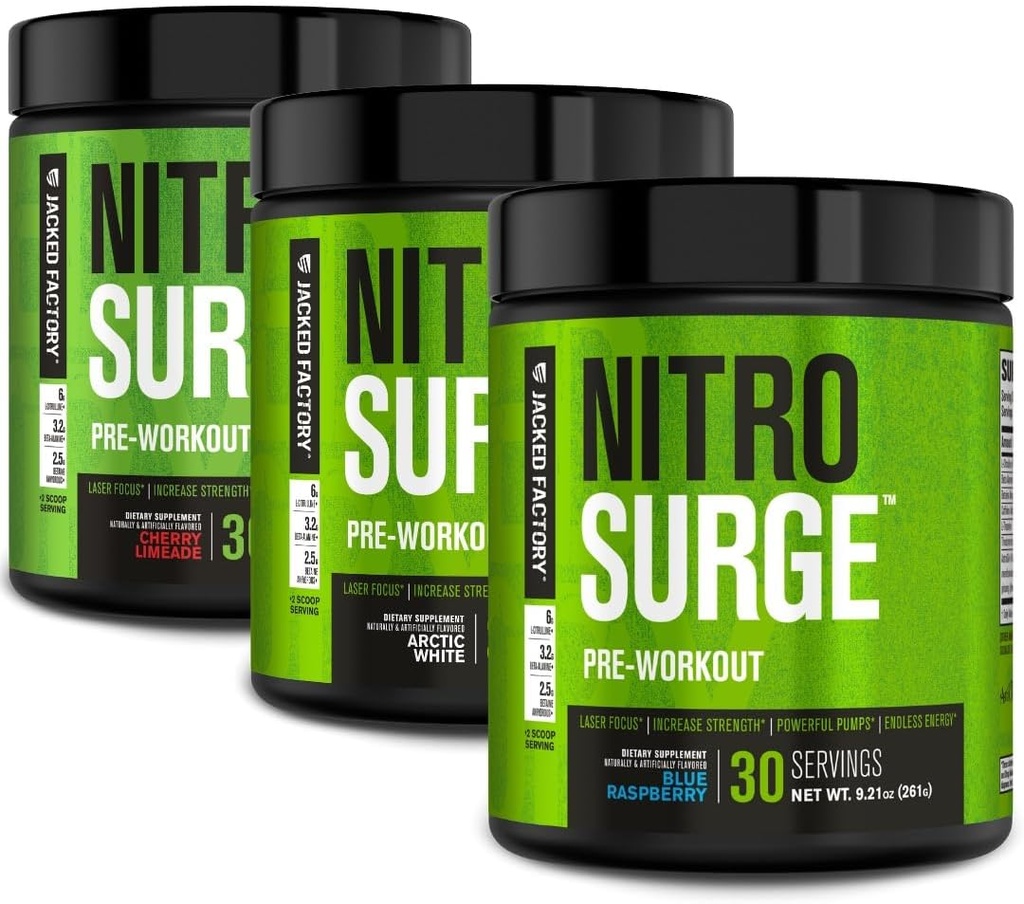 Jacked Factory NITROSURGE Pre Workout Supplement - Endless Energy, Instant Strength Gains, Clear Focus, Intense Pump | Cherry Limeade, Blue Raspberry, Arctic White (90 Servings)