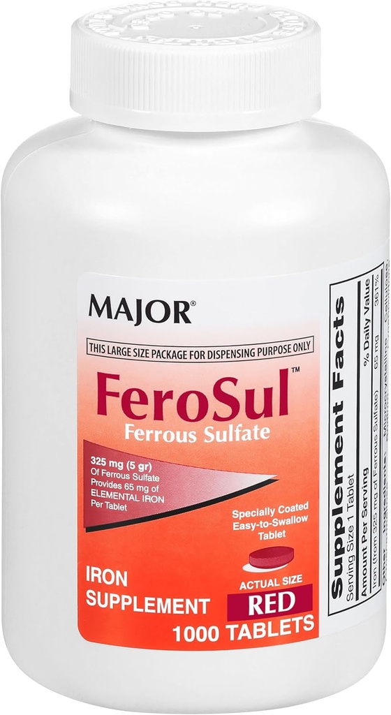 Major FeroSul - Ferrous Sulfate 325 mg Tablets - Iron Supplement for Women and Men - Specially Coated Easy-to-Swallow Tablets - Red - 1000 Count