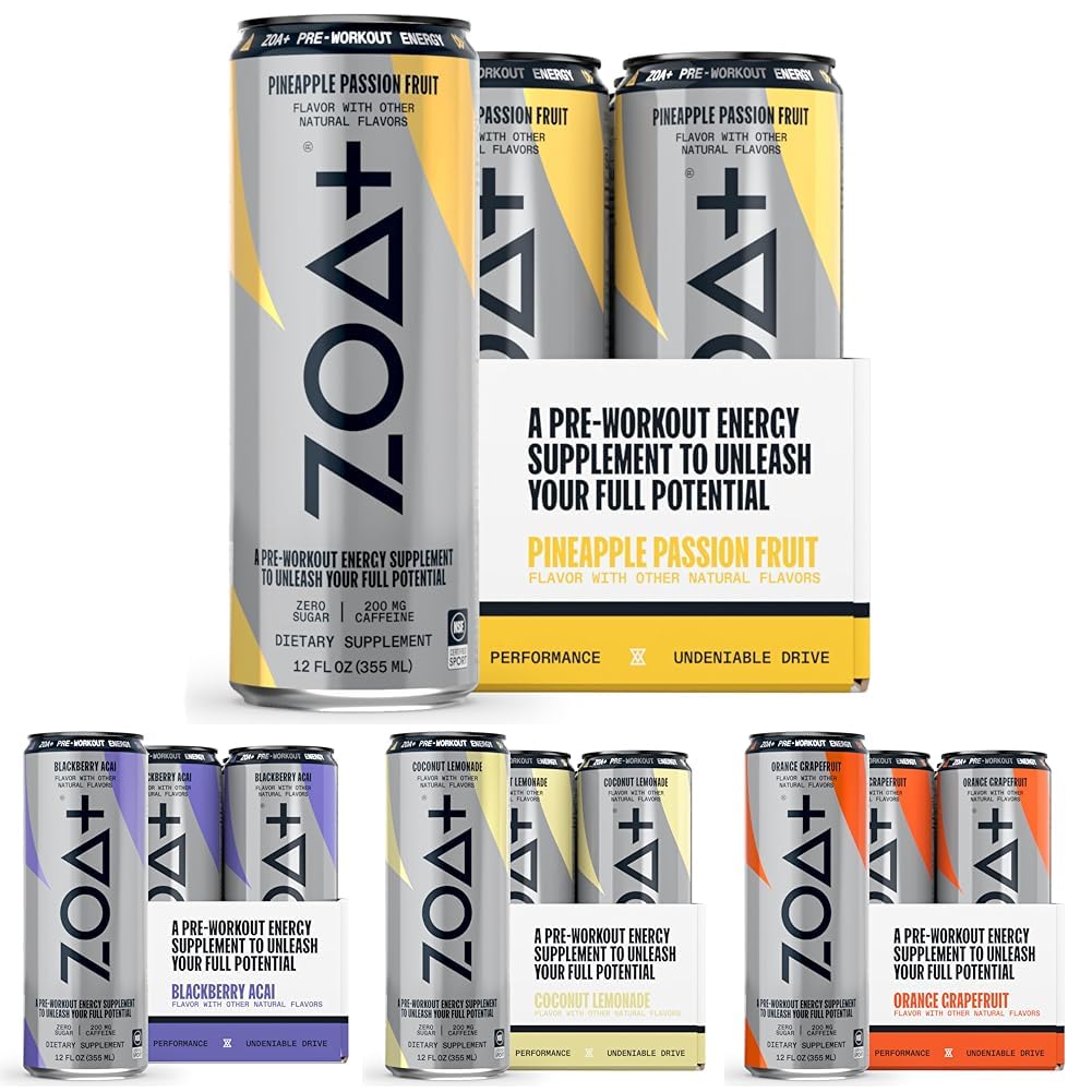 ZOA+ Pre-Workout Energy Drink, Variety Bundle - NSF Certified for Sport with Zero Sugar, Nitric Oxide Support, B & D Vitamins, Amino Acids, and Electrolytes - 48 pack
