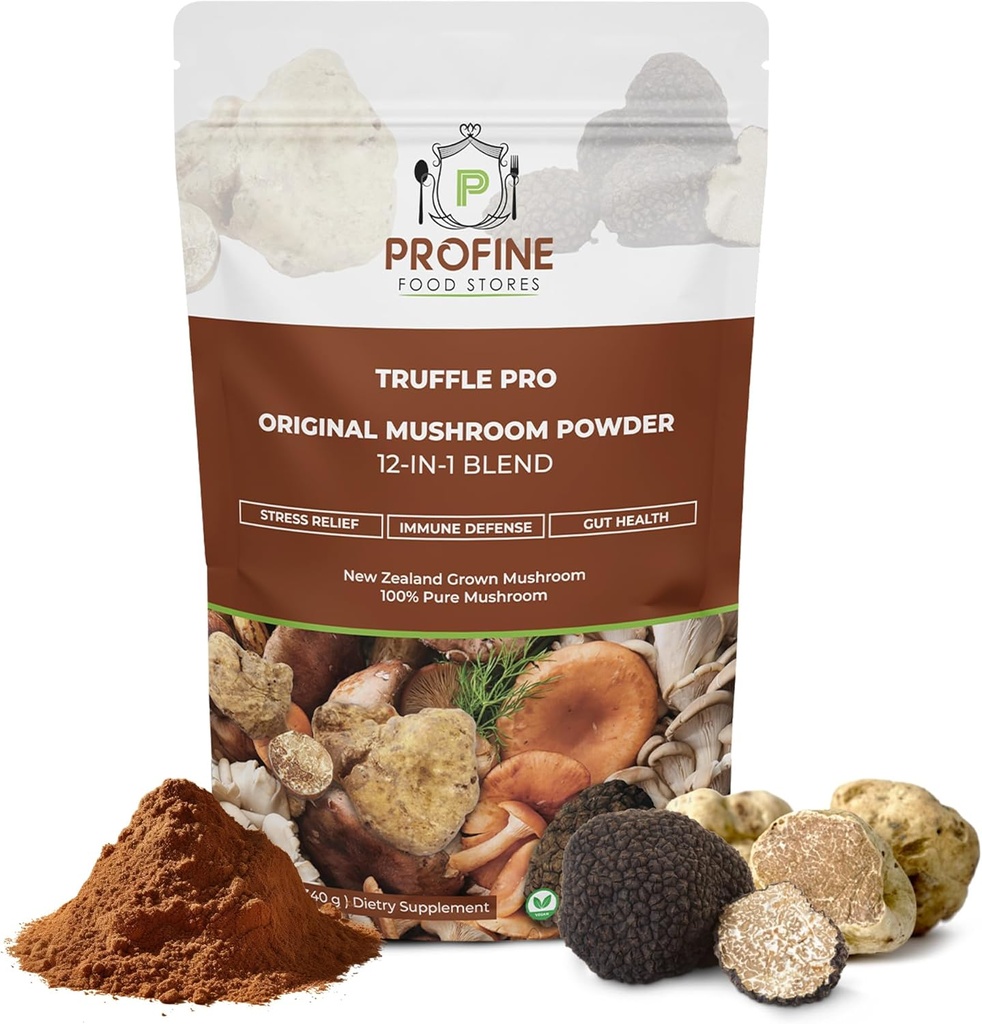 PROFINE Truffle PRO Mushroom Powder 12- in - 1 Super Blend with Black Truffle and White Truffle - USDA Organic - Supplement - Add to Coffee/Tea/Smoothies - Whole Mushrooms - No fillers