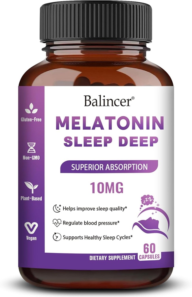 Melatonin 10 mg + L Theanine 5 mg & Magnesium 5 mg, Restful Sleep Support for Adults, Non-Habit Forming Sleep Aid Supplement for Calm and Relaxation, Vegan, Non-GMO, 60 Capsules
