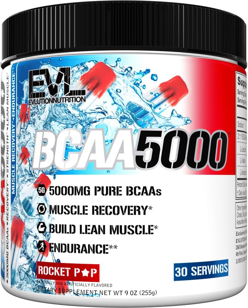 EVL BCAAs Amino Acids Powder - BCAA Powder Post Workout Recovery Drink and Stim Free Pre Workout Energy Drink Powder - 5g Branched Chain Amino Acids Supplement for Men - Rocket Pop