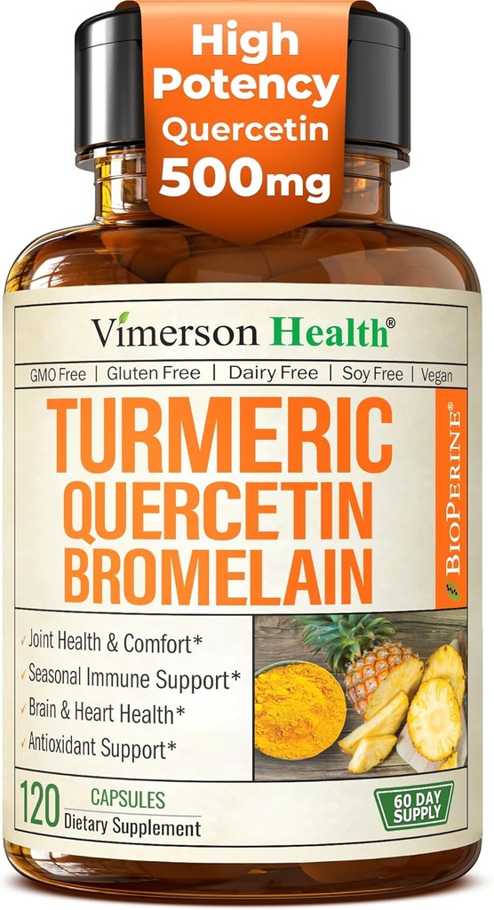 Quercetin with Bromelain Turmeric Curcumin Supplement – Allergy Relief, Joint & Immune Support – Organic Turmeric Supplement with Black Pepper (Bioperine) – 120 Quercetin 500mg Capsules