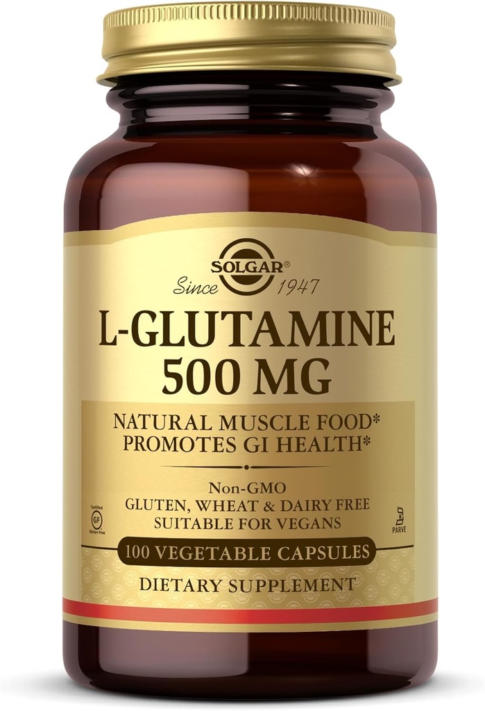 Solgar L-Glutamine 500 mg - 100 Vegetable Capsules - Natural Muscle Food - Non-GMO, Vegan, Gluten Free, Dairy Free, Kosher - 33 Servings