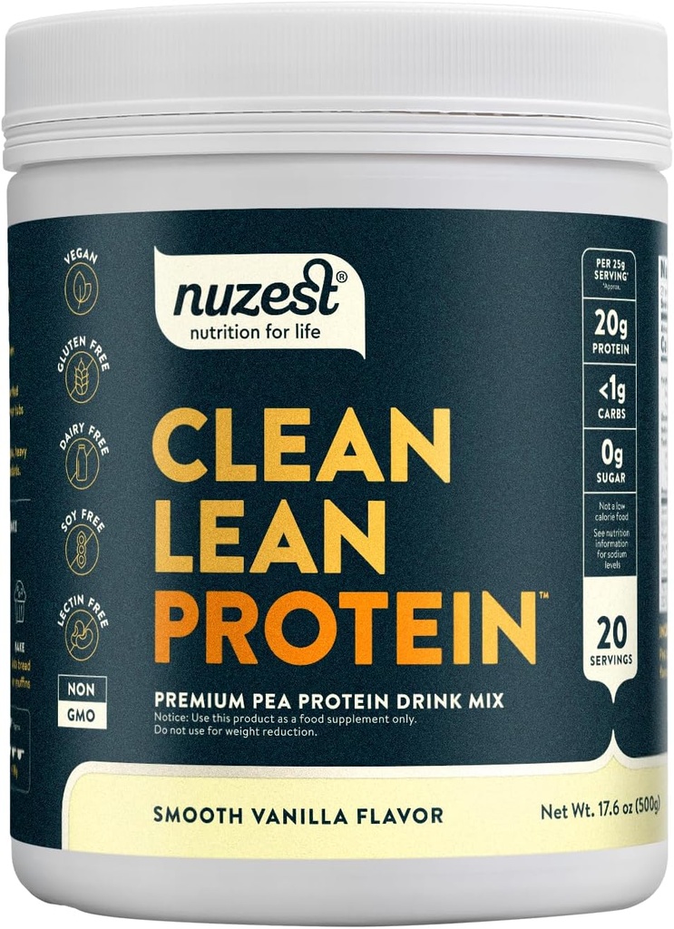 Nuzest - Pea Protein Powder - Clean Lean Protein, Premium Vegan Plant Based, Dairy Free, Gluten Free, GMO Free, Naturally Sweetened Protein Shake, Smooth Vanilla, 20 Servings, 1.1 lb