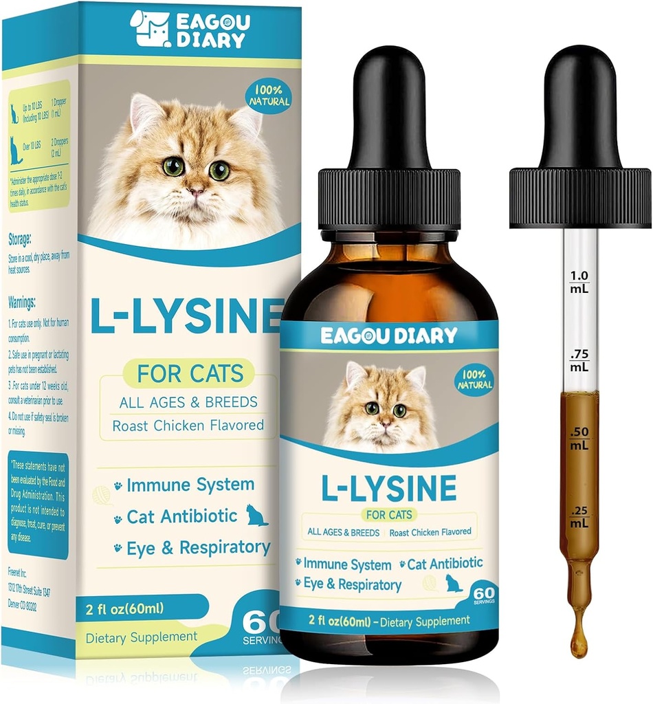 L-Lysine for Cats,Lysine Drops Immune Support Supplement,Sneezing,Cold,Allergy Relief,Runny Nose,Feline Respiratory,Natural Antibiotics for Cats with Colostrum,Taurine (Roast Chicken Flavor/2floz)