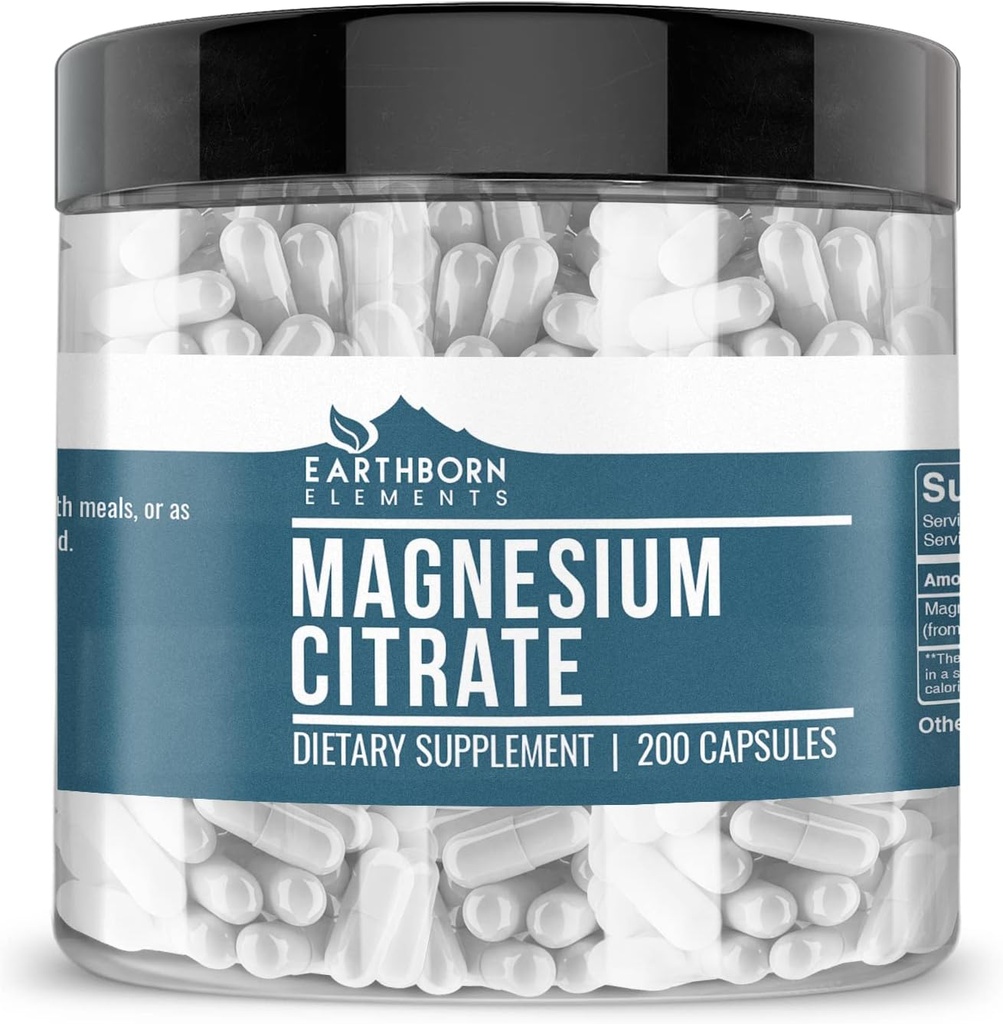 Earthborn Elements Magnesium Citrate 200 Capsules, Pure & Undiluted, No Additives