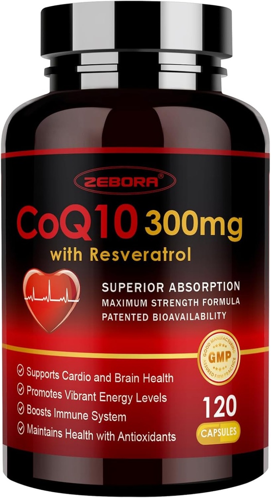 ZEBORA CoQ10-300mg with Trans-Resveratrol, PQQ & Vitamin E - High Absorption Coenzyme-Q10 with BioPerine - Powerful Antioxidant for Heart & Energy-Production,120 Veggie Capsules