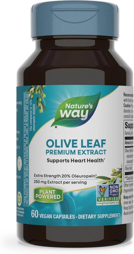 Nature's Way Olive Leaf, Premium Extract, Supports Heart Health*, 20% Oleuropein, 250 mg per serving, Non-GMO Project Verified, 60 Vegan Capsules (Packaging May Vary)