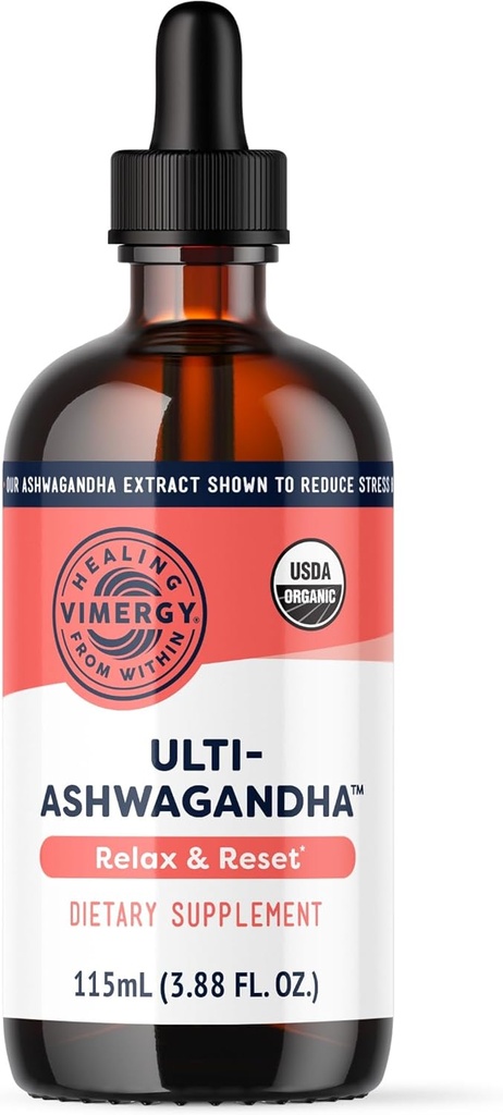 VIMERGY USDA Organic Ashwagandha Liquid Extract, 57 Servings –Stress Supplement Drops – Adaptogen - Supports Cognitive Function – Sleep Support – Alcohol-Free, Non-GMO, Vegan & Paleo Friendly (115 ml)