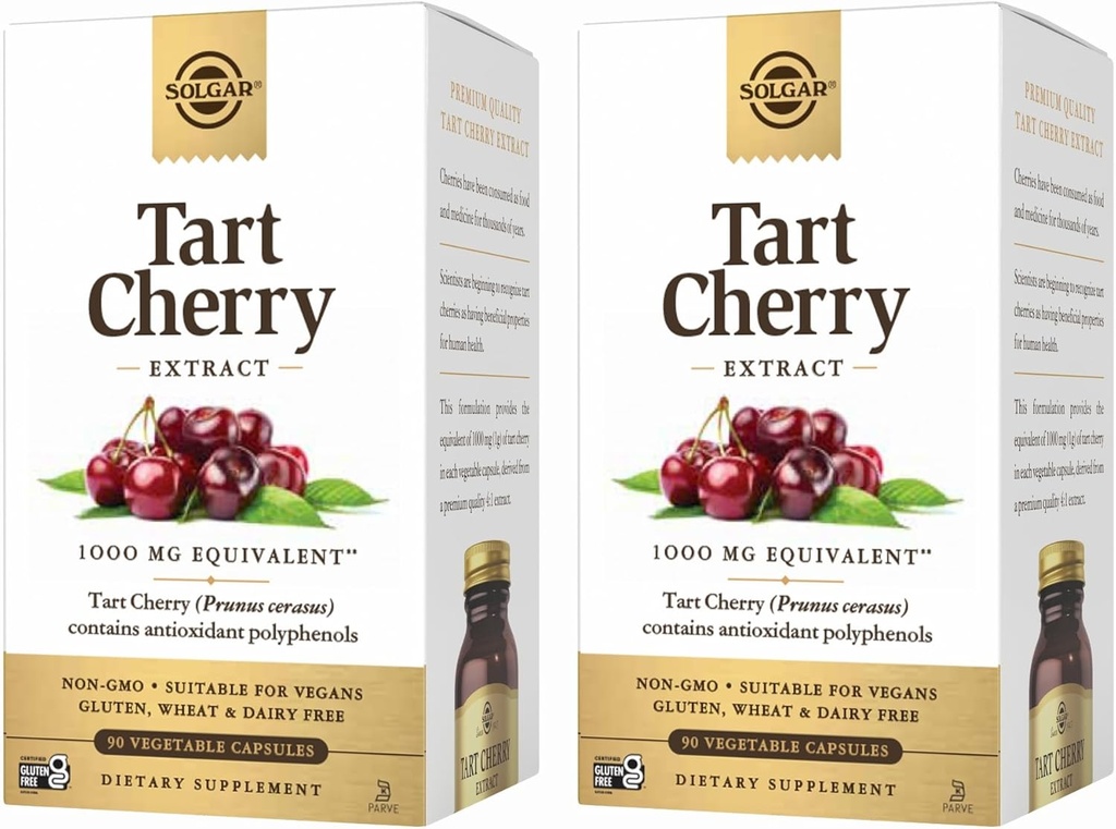 Solgar Tart Cherry 1000 mg, 90 Vegetable Capsules (Pack of 2) - Antioxidant with Quercetin, Chlorogenic Acid & Anthocyanins Compounds - Non-GMO, Vegan, Gluten Free, Dairy Free - 180 Total Servings