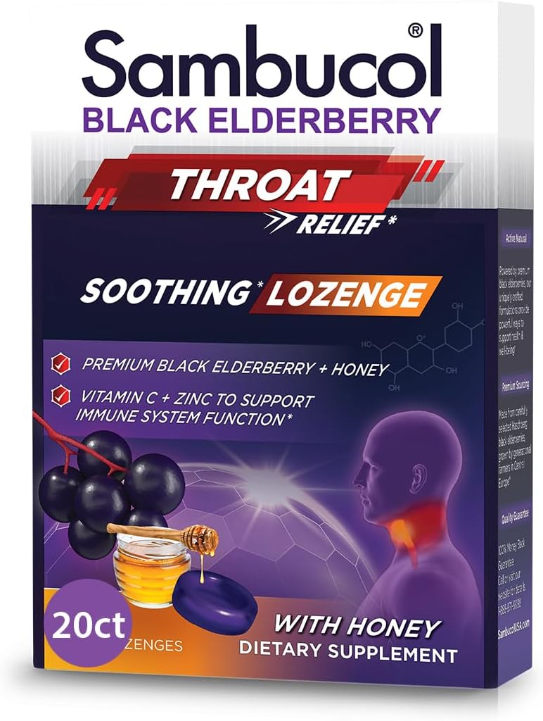 Sambucol Black Elderberry Throat Lozenges - Elderberry Cough Drops for Adults, Elderberry Zinc Lozenges Throat, Elderberry Lozenges - 20 Count
