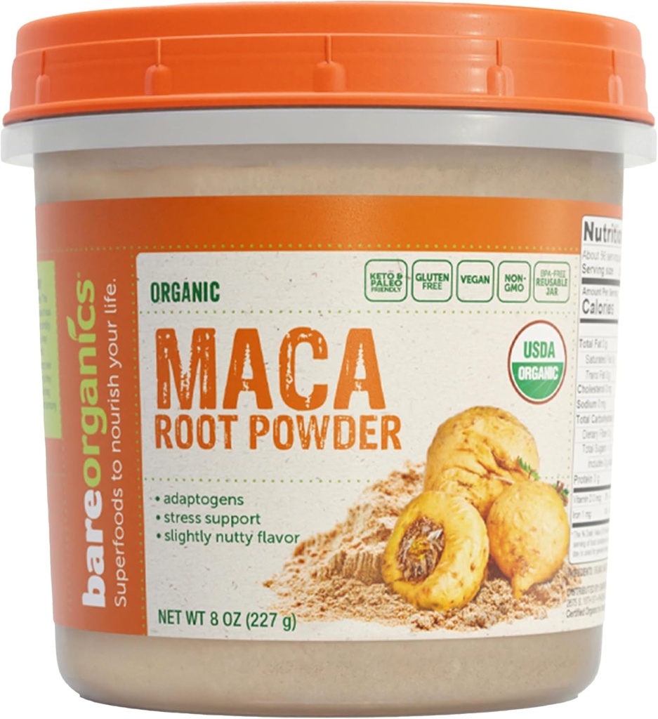 BareOrganics Maca Root Powder, Organic, Vegan, Non-GMO, Gluten-Free, Energy & Stamina Support, 8 oz