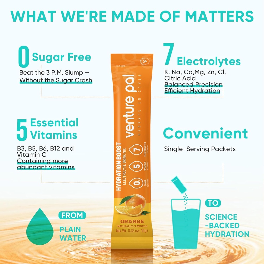 Venture Pal Sugar Free Electrolytes Powder Packets - Liquid Daily IV Hydration Packets | Instantly Hydrating & Party Recovery | 5 Vitamins & 7 Electrolytes | Certified Vegan, Keto, Non-GMO | 16 Sticks
