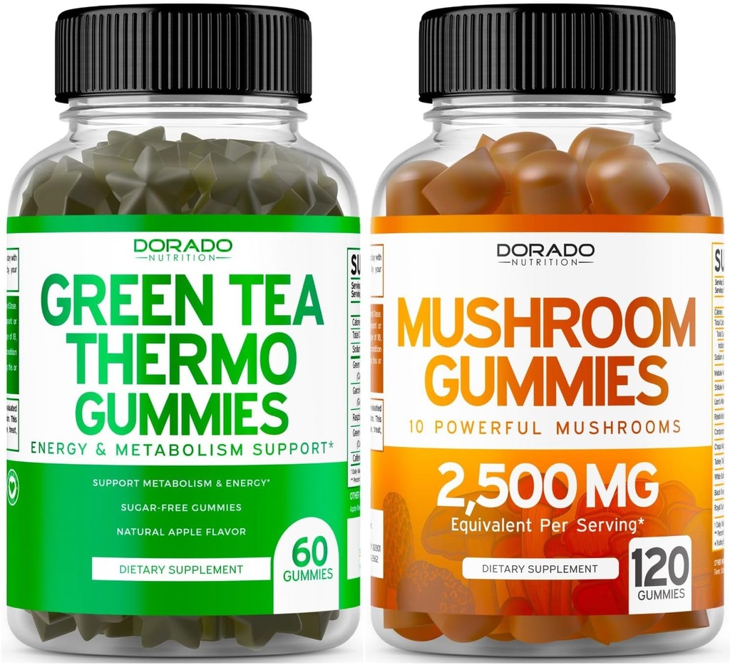 Mushroom 10 in 1 Blend (120 Gummies) Focus & Brain Mushroom Supplement and Green Tea Fat Burner Weight Loss (60 Count) Appetite Suppressant Weight Loss Supplement for Men & Women - Vegan & Made in USA