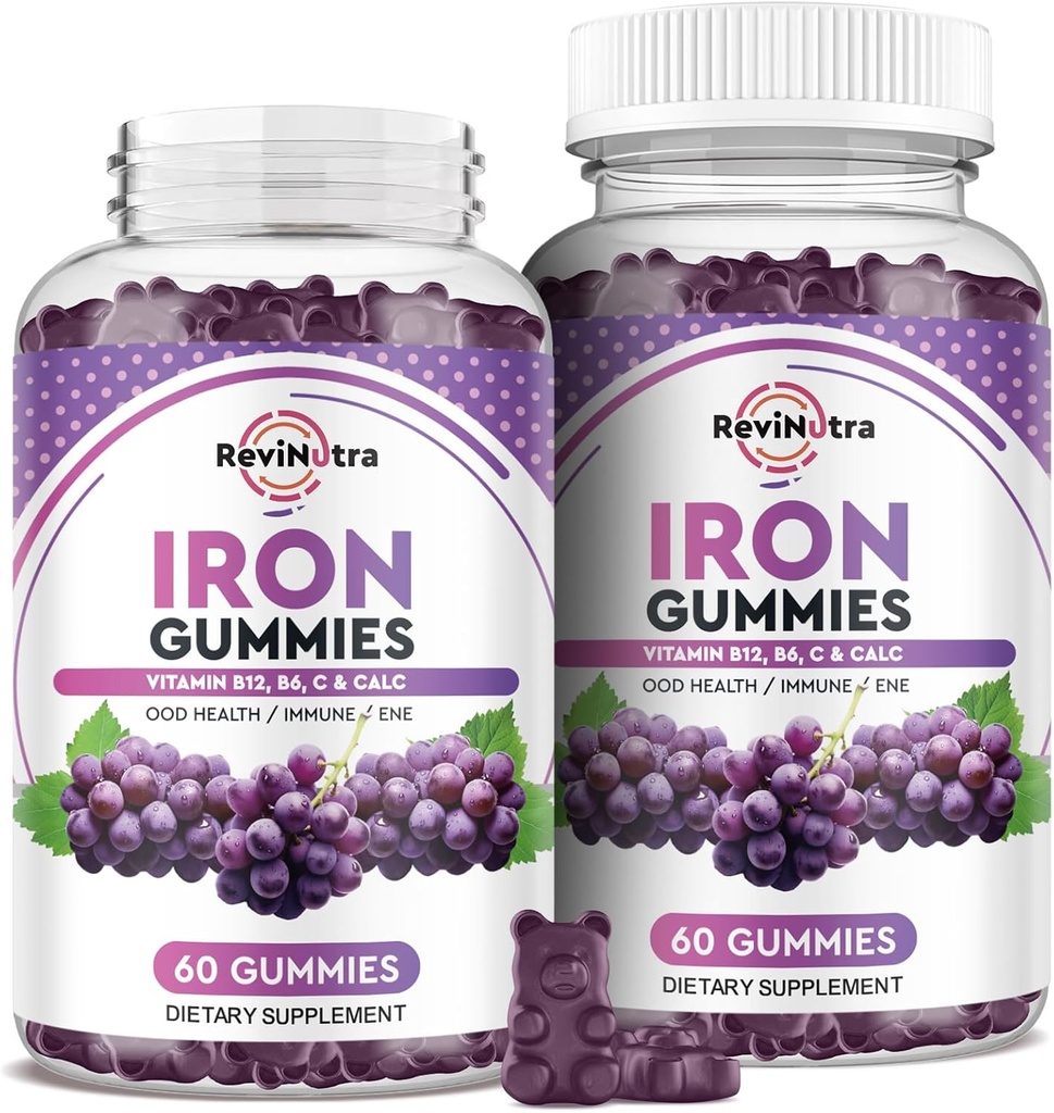 Iron Gummies - with Calcium, Zinc, Folate & Vitamin B12, C, B6 for Adults & Kids - Blood Builder & Energy Support for Iron Deficiency, Anemia, Vegan - 2 Pack Grape Flavour,60 Gummies