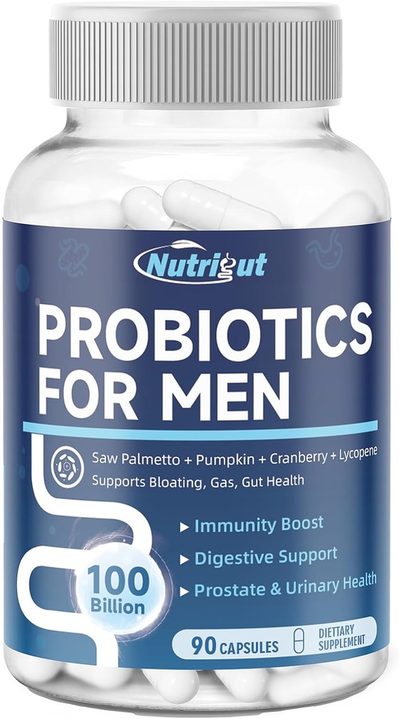 Probiotics for Men, 100 Billion CFUs with Prebiotics, Saw Palmetto Berry, Pumpkin Seed, Cranberry & Lycopene for Prostate Urinary Health, Mens Probiotic for Digestive & Immune Health 90 Capsules