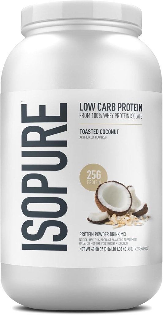 Isopure Low Carb 100% Pure Whey Isolate Protein Powder, Lactose Free, Gluten Free, With Vitamins, Toasted Coconut, 25g Protein Per Serving, 3 Lbs, 42 Servings (Packaging May Vary)
