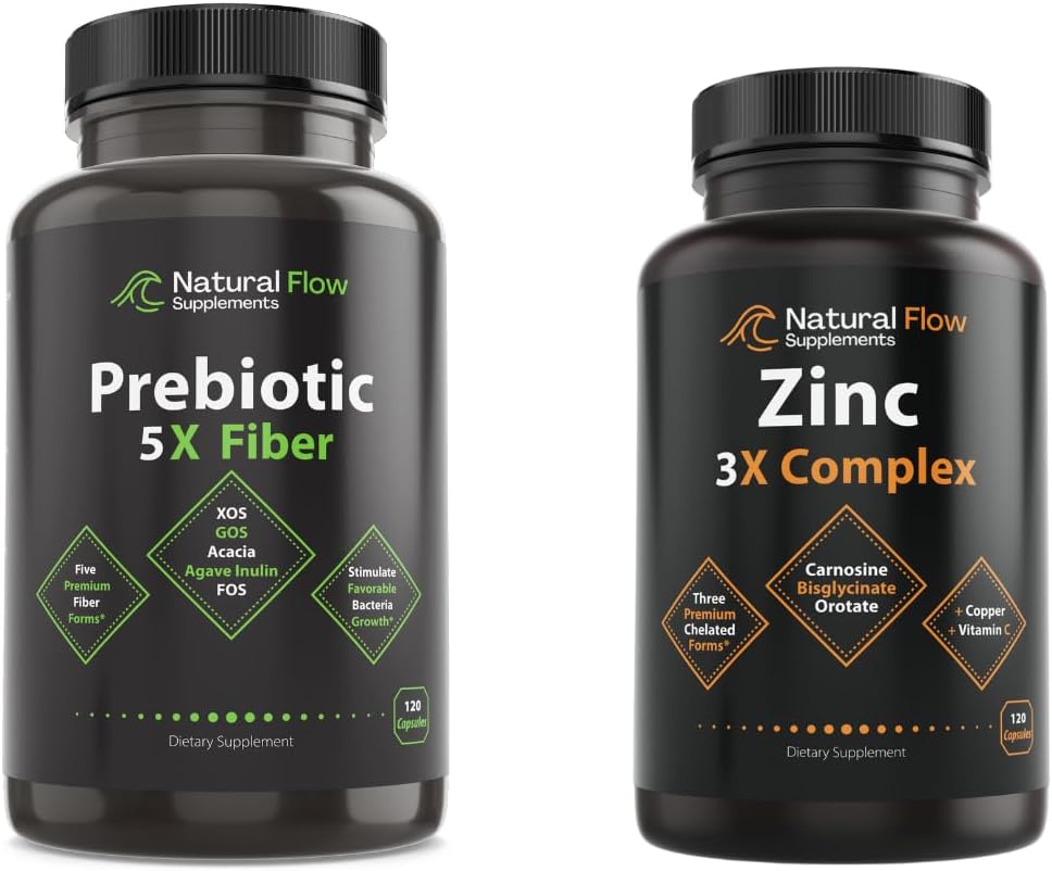 Zinc Supplement Complex with Copper and Vitamin C, Prebiotic Fiber Supplement 5-in-1 Capsules
