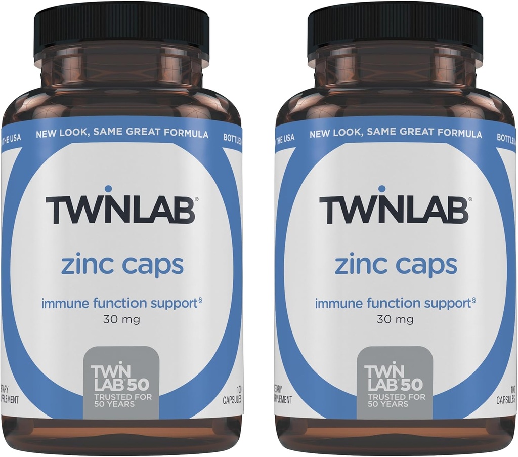 Twinlab Zinc Caps - Immune Support Supplement - Zinc Picolinate & Gluconate - Supplement for Immune Defense, Healthy Skin, DNA Synthesis, Metabolism and Growth - 30mg, 100 Caps - 2 Pack
