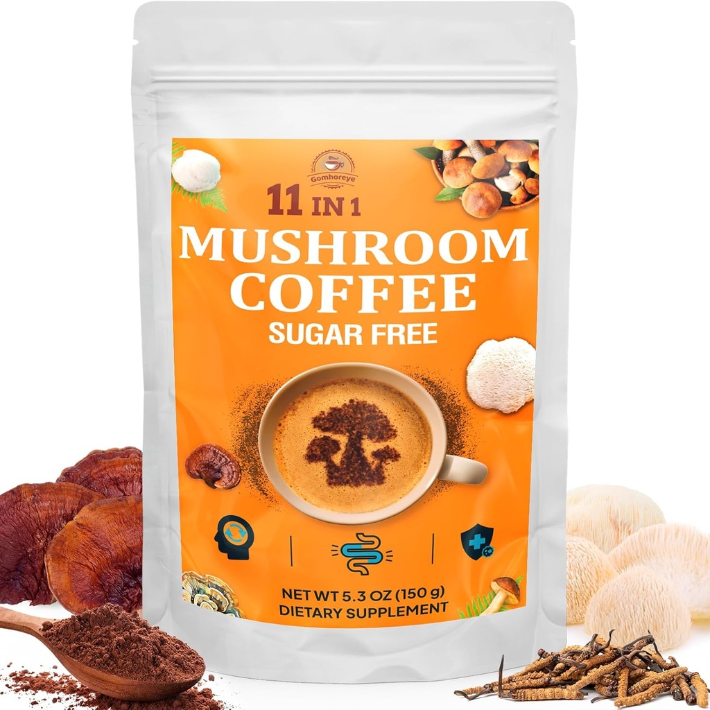 Mushroom Coffee - Mushroom Coffee Organic with 11 Superfood Mushrooms, Includes Lion's Mane, Reishi, Chaga, Cordyceps and Adaptogens, Mushroom Supplement for Energy, Focus, Memory and Immunity - 5.3oz
