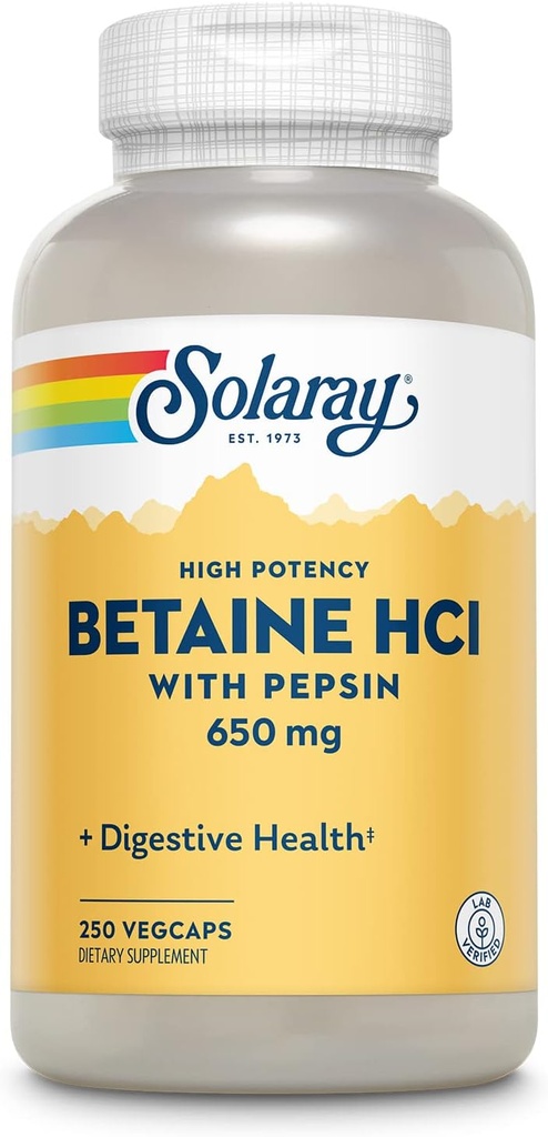 Solaray High Potency Betaine HCL with Pepsin - Hydrochloric Acid Supplement for Digestive Health - with Betaine Hydrochloride and Digestive Enzymes - Gut Health Support - 60-Day Guarantee, 250 VegCaps