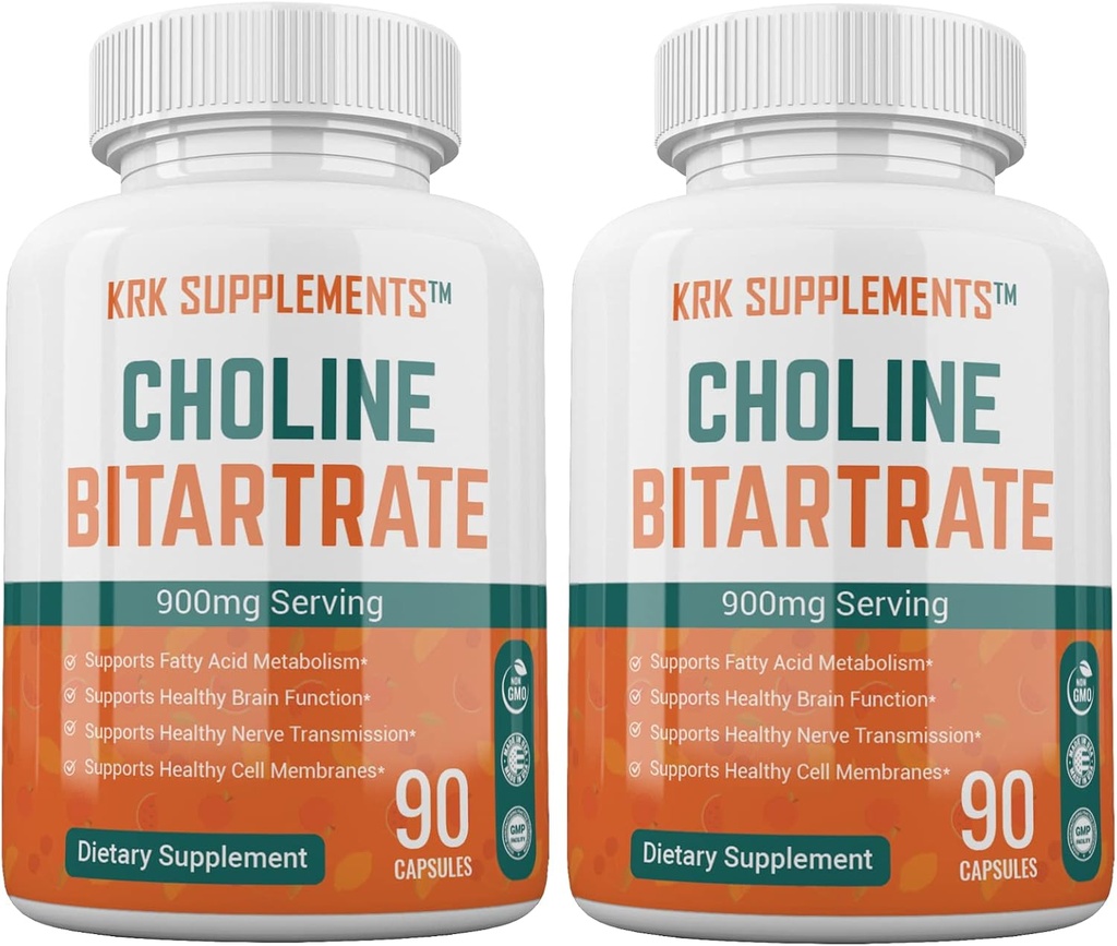2 Bottles Choline Bitartrate 900mg Per Serving 180 Total Capsules KRK Supplements