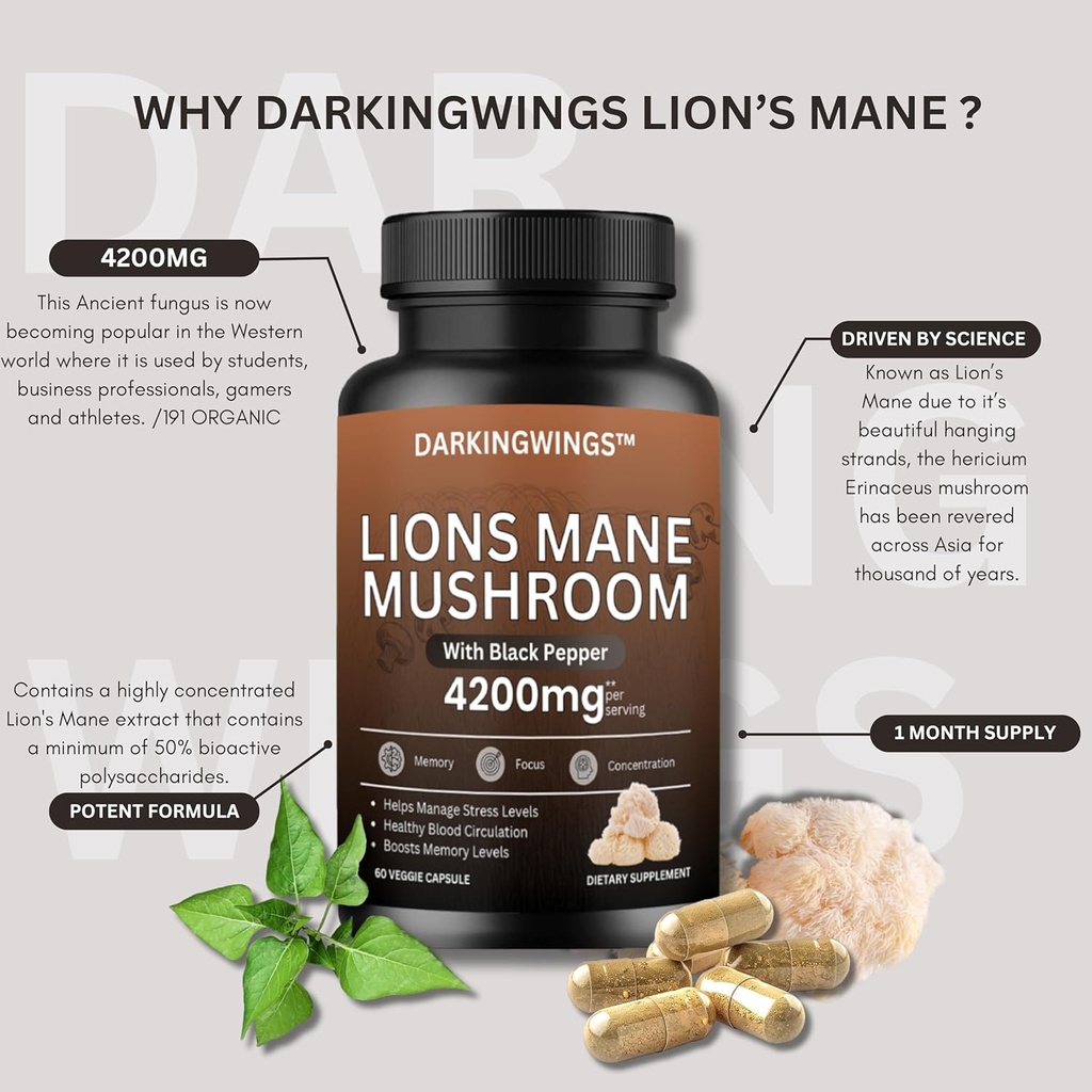 Lions Mane Supplement Capsules, Lion's Mane 500 mg, Lions Mane Supplement Powder Extract with Black Pepper, Ultra high Absorption, 60 Veg Capsules