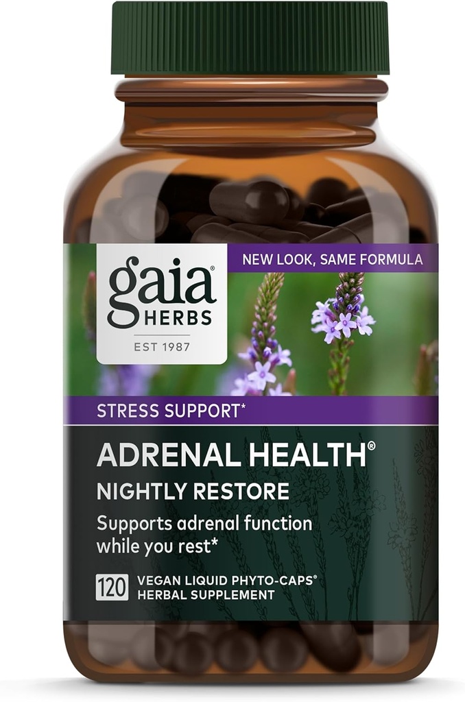Gaia Herbs Adrenal Health Nightly Restore - Herbal Supplement with Ashwagandha, Magnolia Bark, Cordyceps, Lemon Balm & More* - 120 Vegan Liquid Phyto-Capsules (60 Servings)