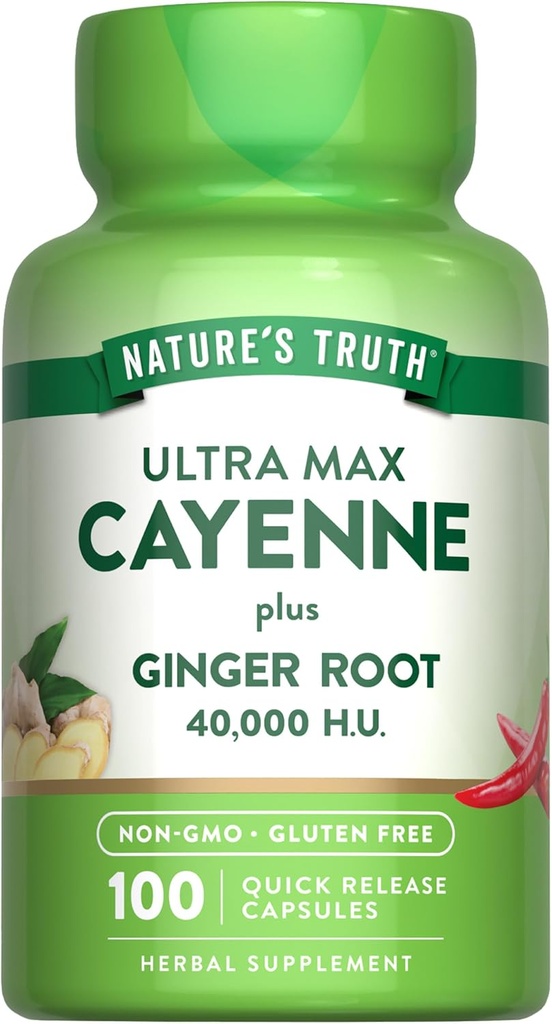 Nature's Truth Cayenne Pepper Capsules | 40,000 HU | 100 Count | with Ginger Root | Non-GMO & Gluten Free Supplement