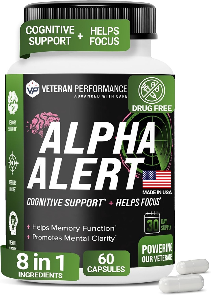 Alpha Alert – Veteran Owned Brain Supplements for Memory and Focus – Third-Party Tested, Dairy & Gluten-Free Nootropic Memory Supplements - 60 Veggie Capsules