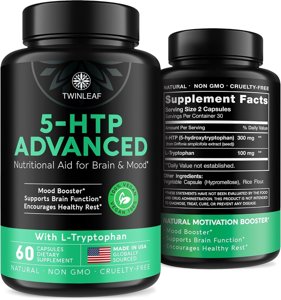 TWINLEAF 5 HTP Supplement for Mood Support - Made in USA - Natural 5-HTP & L-tryptophan Capsules - 5-HTP Booster for Men & Women - Proprietary Formula for Mood and Relaxation - 60 Vegan Capsules